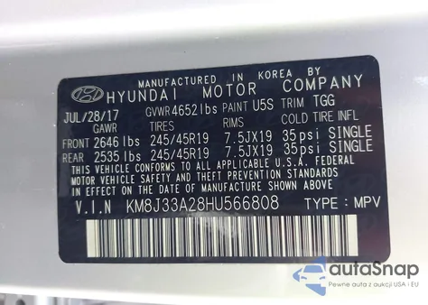 2017 Hyundai Tucson Value z USA, uszkodzony, nr VIN KM8J33A28HU566808